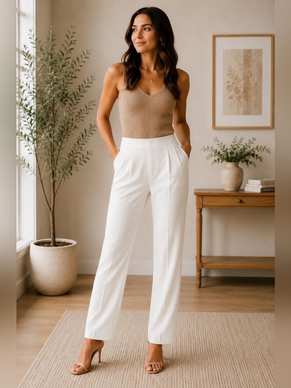 Lulus White High Waist Straight Leg Trousers Size L - Picture 1 of 7